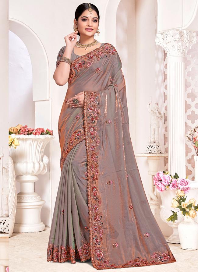 Two Tone Silk Grey Wedding Wear Khatli Work Saree